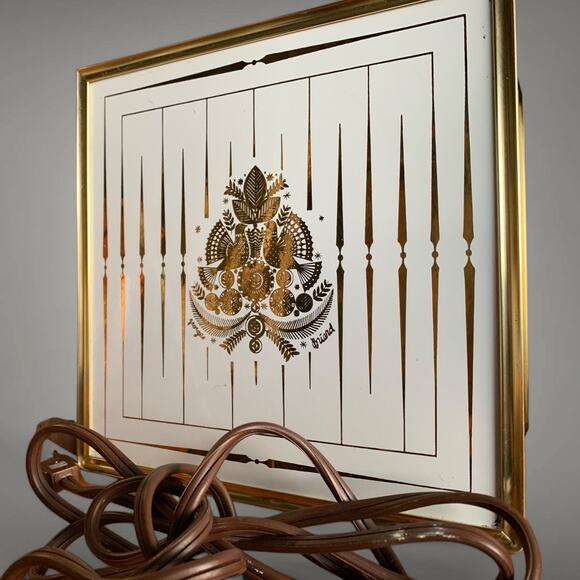 MCM Georges Briard Butler Food Warmer Tray-Gold & White Bird Design-Wood Handles - Picture 2 of 5